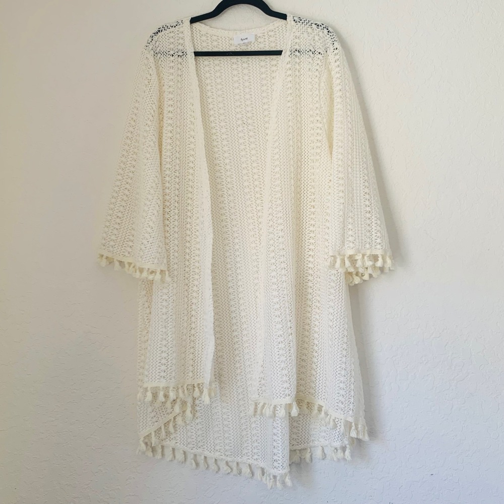 Fyve Cardigan Women 3X Cream Tassel Fringe Boho Crochet Lace Long Duster Coverup